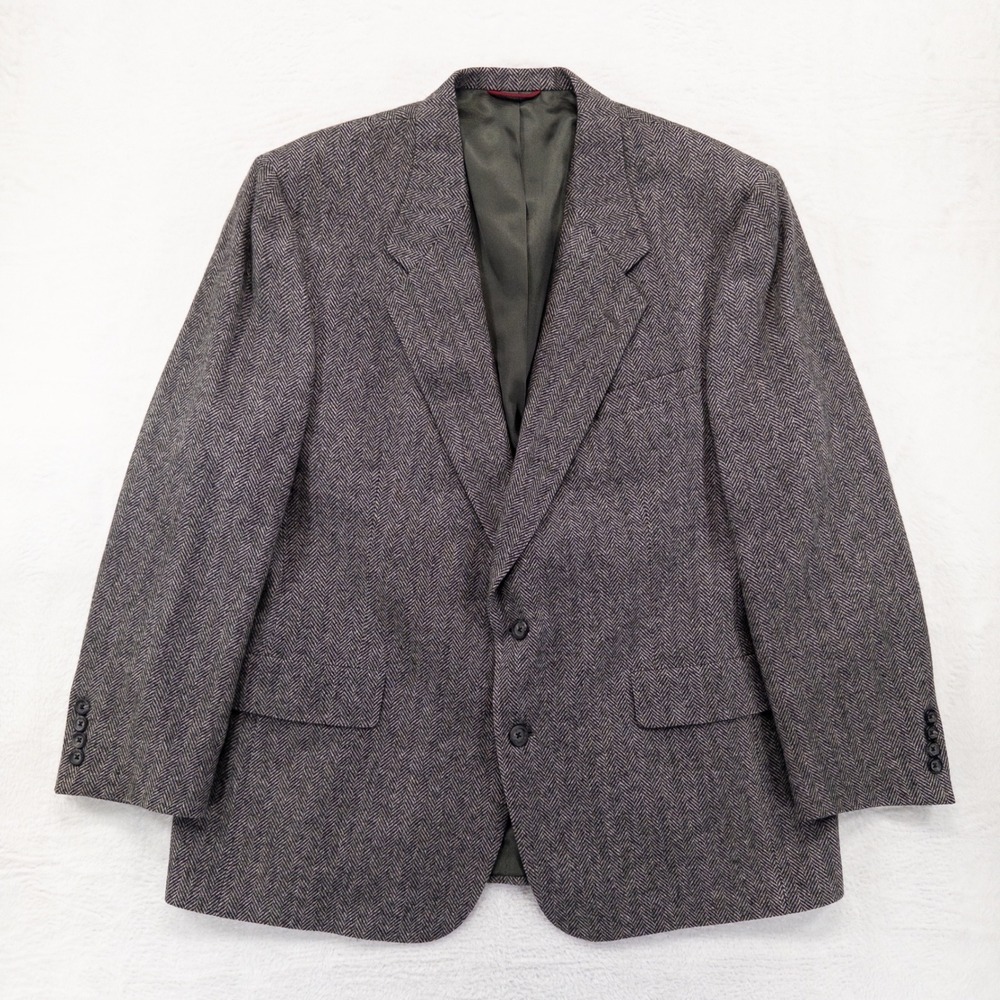 Vtg Hart Schaffner Marx Sport Coat Jacket 46R Gray Brown Herringbone Tweed Wool